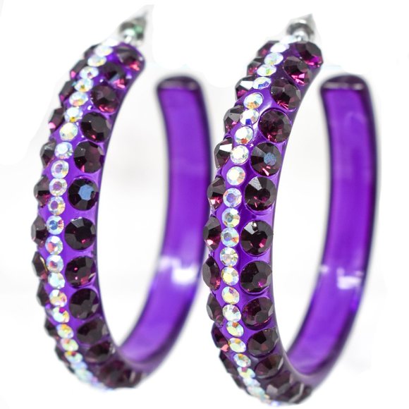 2.5" Clear Purple Lucite 5 Row Rhinestone Earrings - Picture 5 of 11